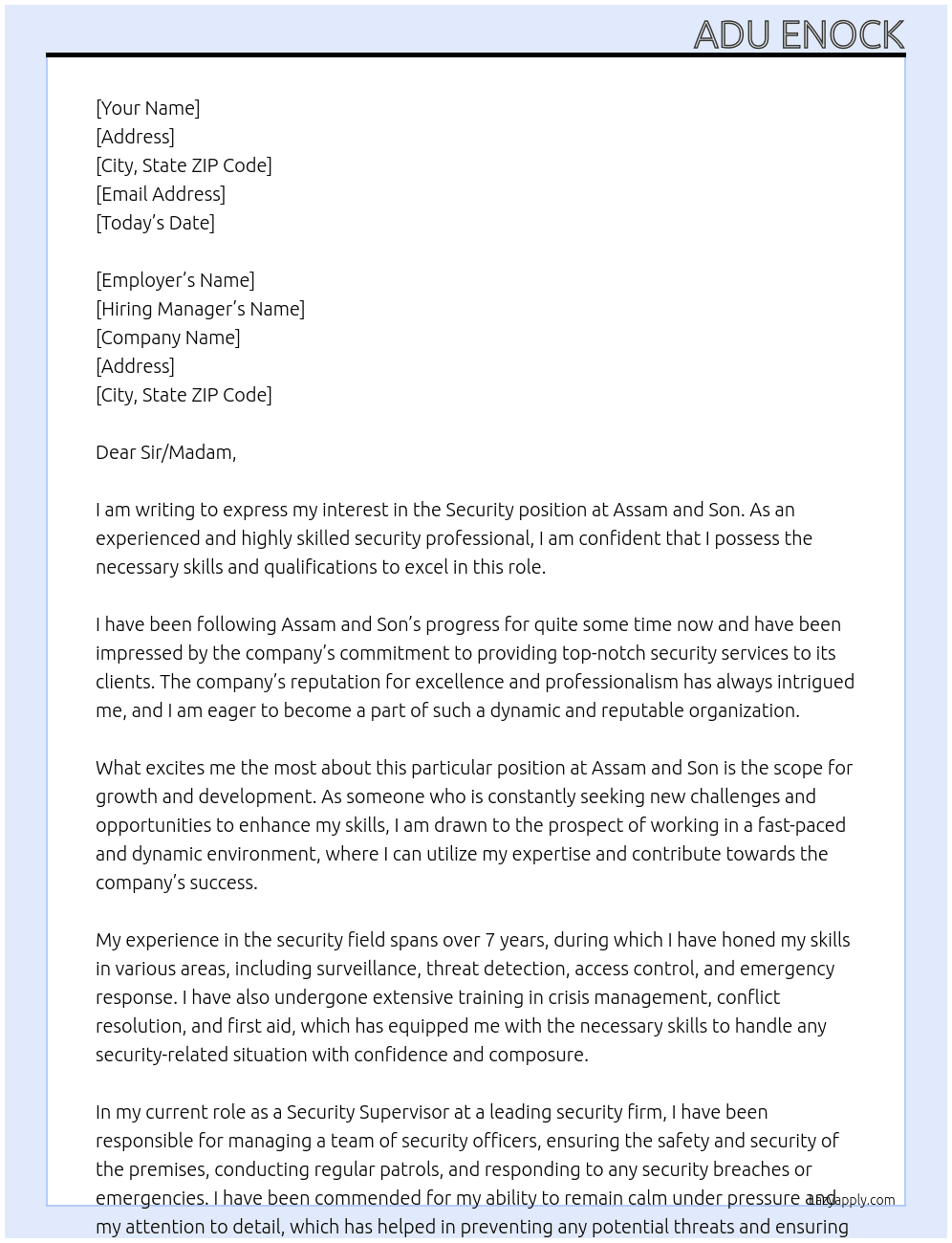 SECURITY At ASSAM AND SON Cover Letter