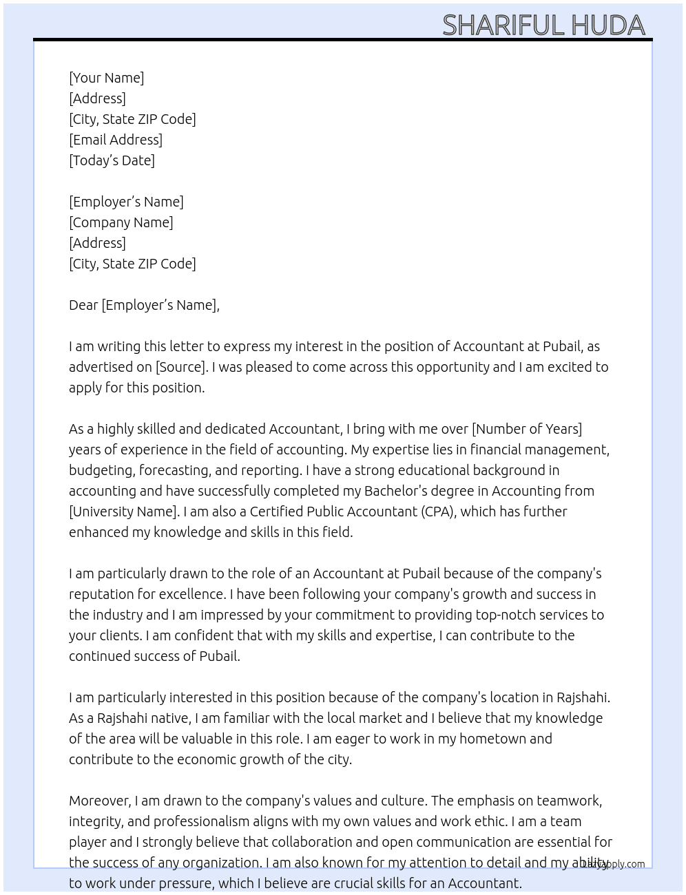 Accountant At Pubail Cover Letter