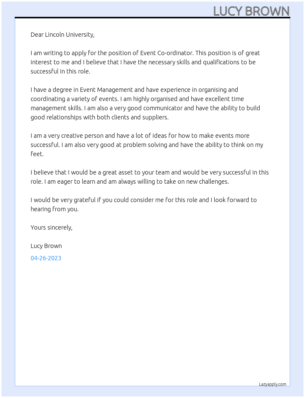 Event Co-ordinator At Lincoln Uniniversity Cover Letter
