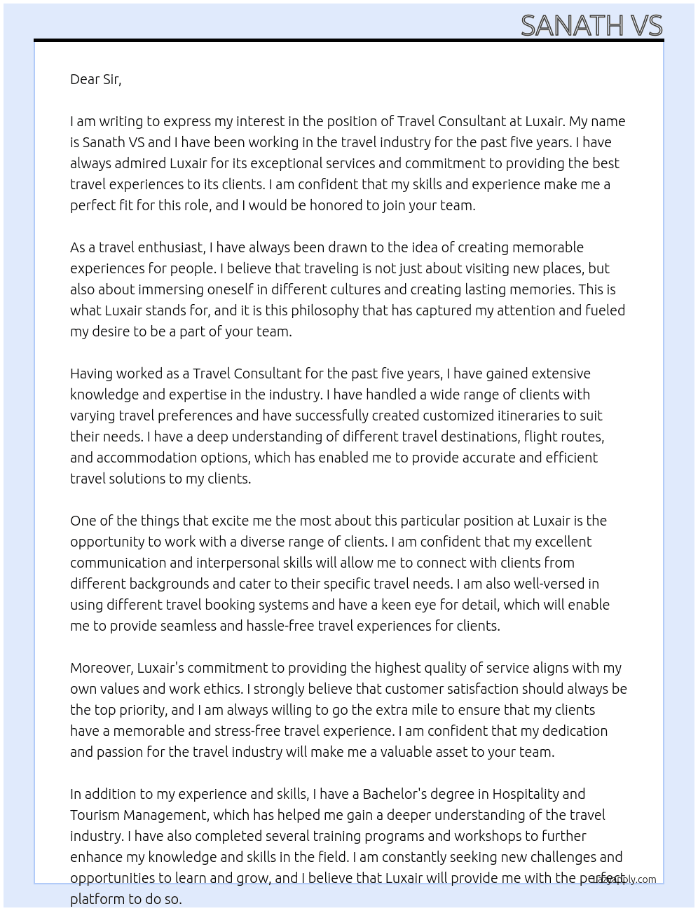 travel consultant At Luxair Cover Letter