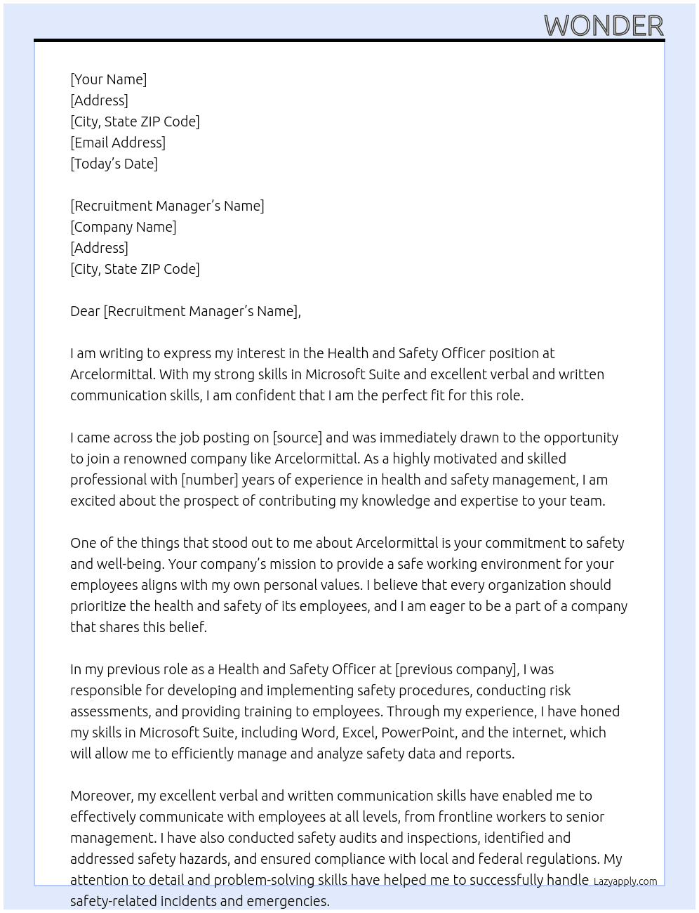 Health and safety officer At Arcelormittal Cover Letter