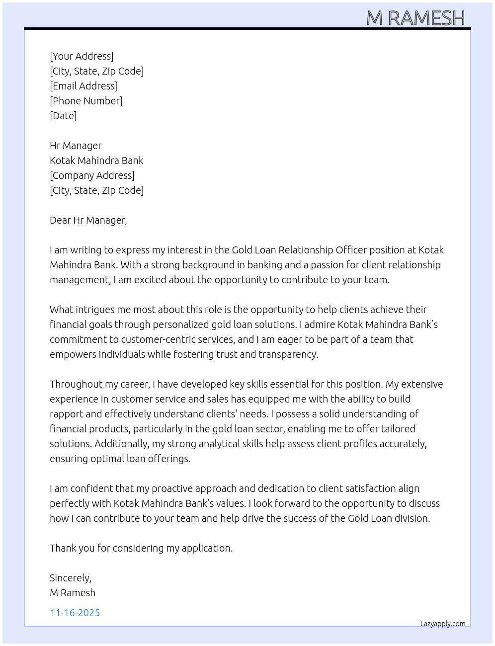 Gold loan relationship officer  At Kotak Mahindra Bank  Cover Letter
