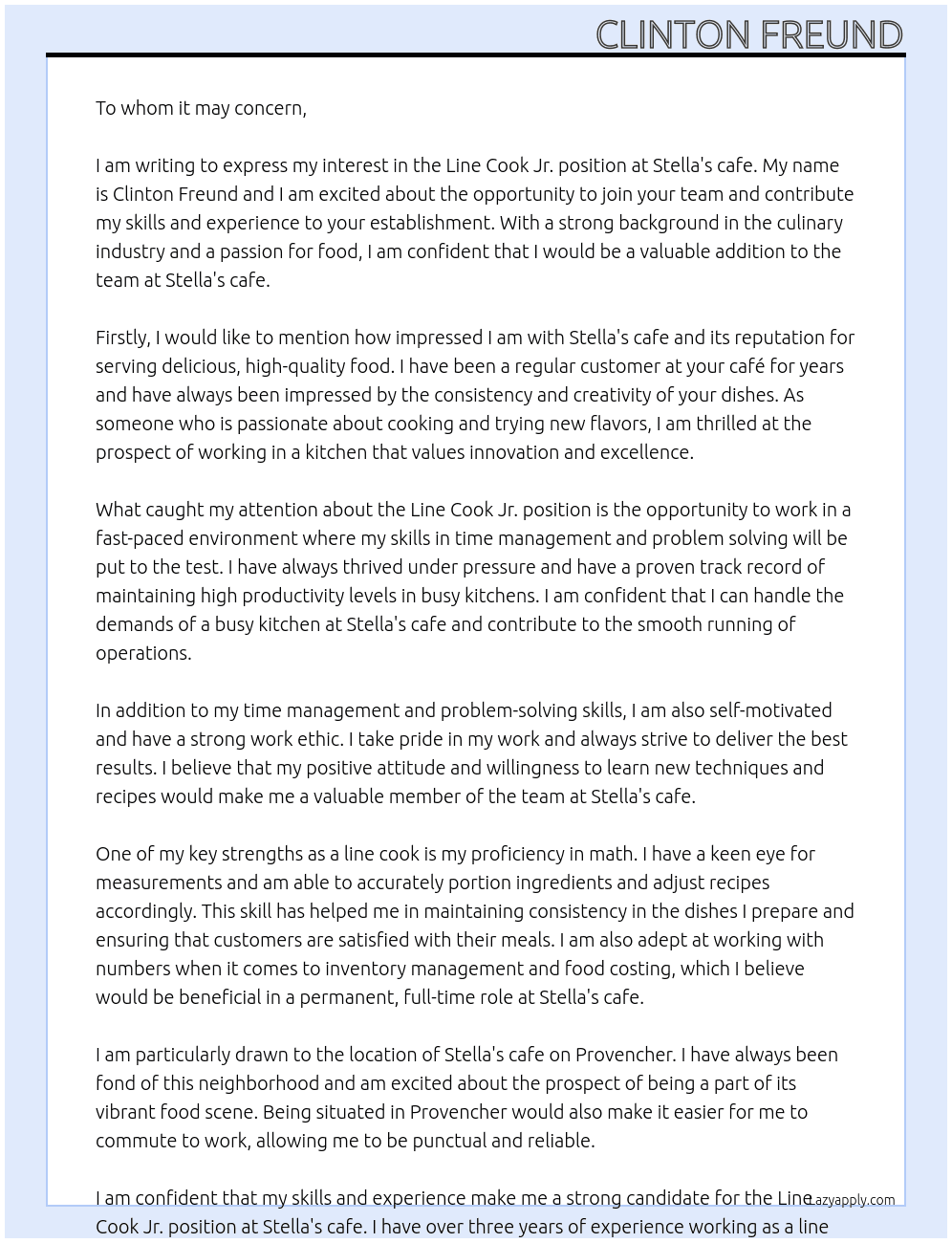Line Cook Jr. At Stella's cafe Cover Letter