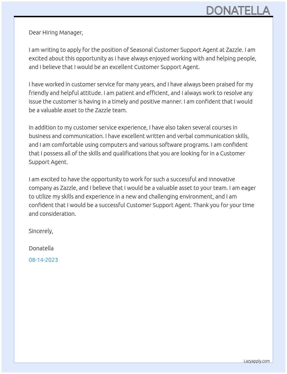 Seasonal Customer Support Agent At Zazzle  Cover Letter
