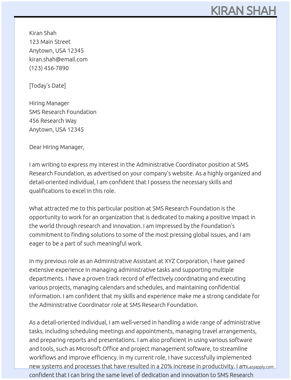 Administrative Coordinator  At  SMS Research Foundation Cover Letter