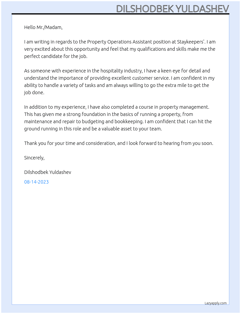 Property Operations Assistant At Staykeepers' Cover Letter