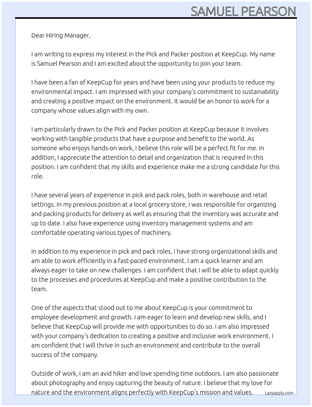 Pick and packer At KeepCup Cover Letter