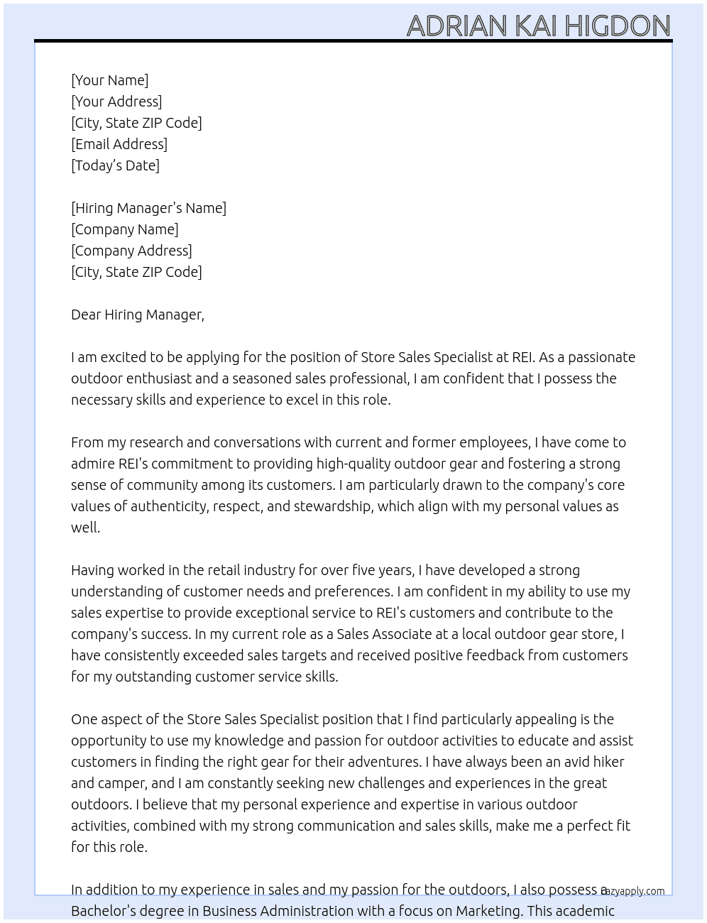 Store Sales Specialist At REI Cover Letter