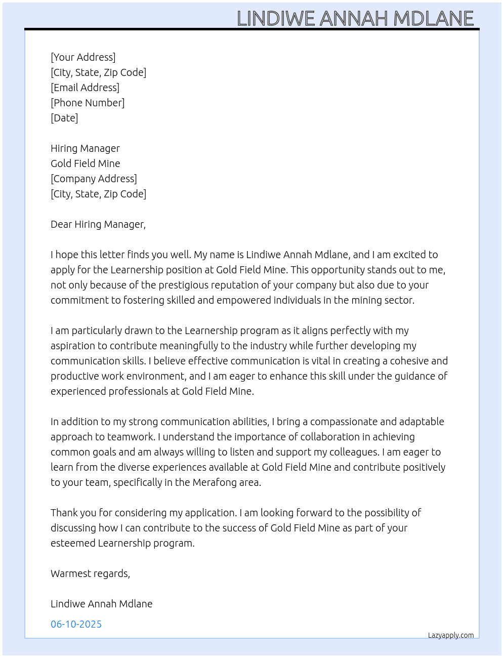 Learnership At Gold field mine Cover Letter