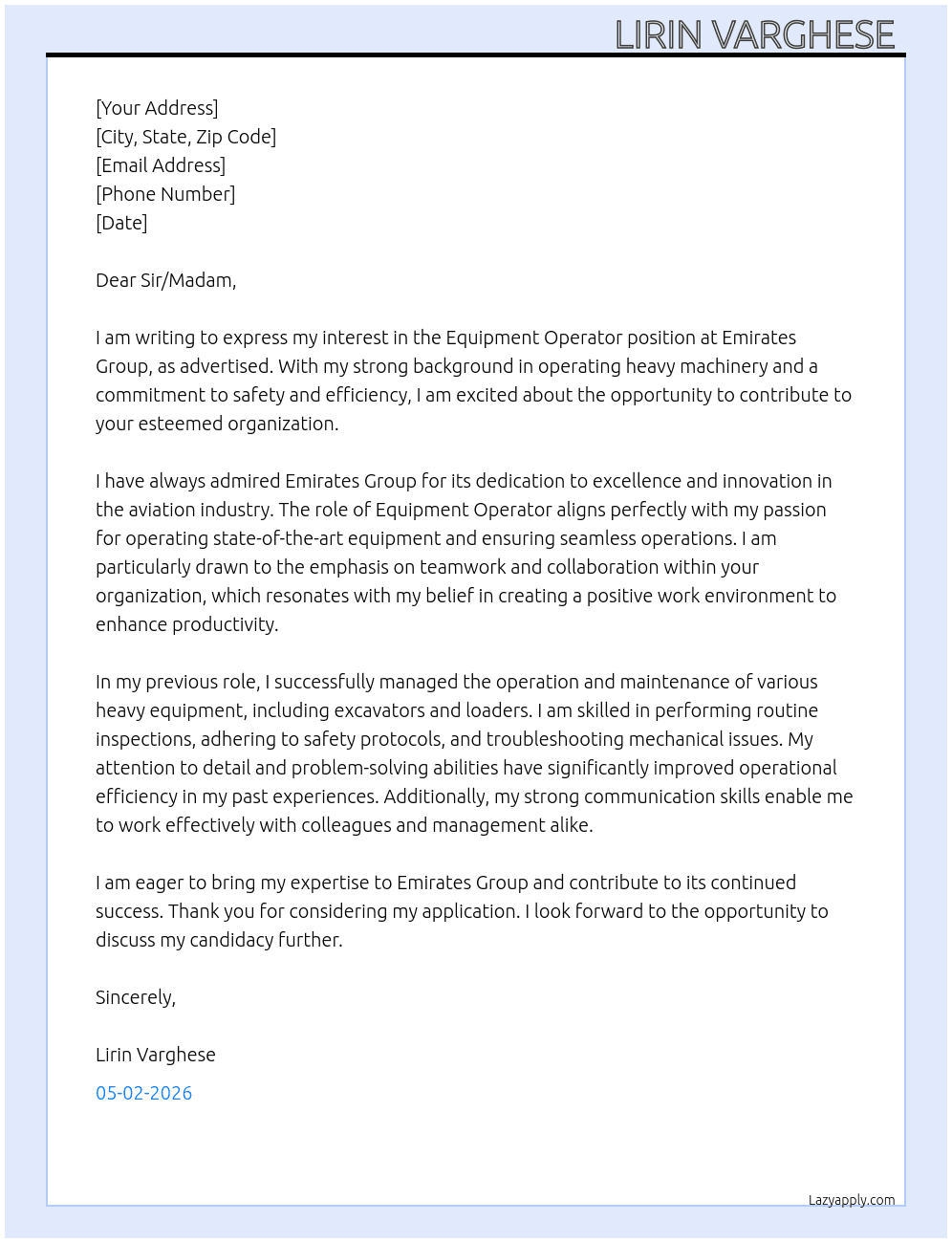 Equipment Operator At Emirates group  Cover Letter