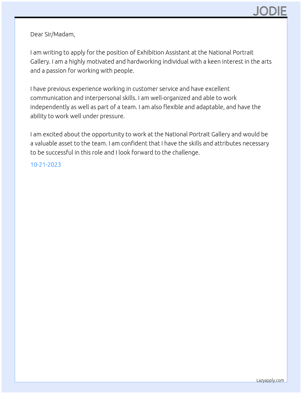 Exhibition assistant At National Portrait Gallery Cover Letter
