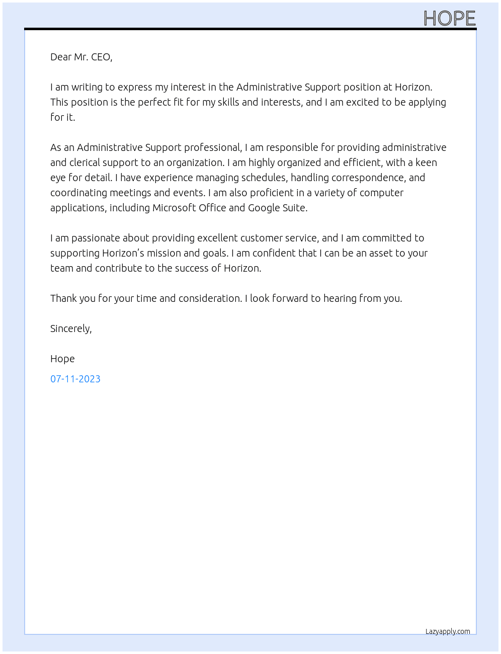 Administrative support At Horizon Cover Letter