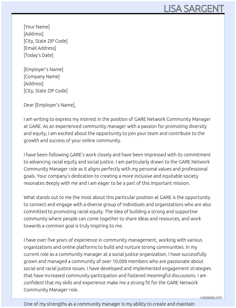 GARE Network Community Manager At GARE Cover Letter