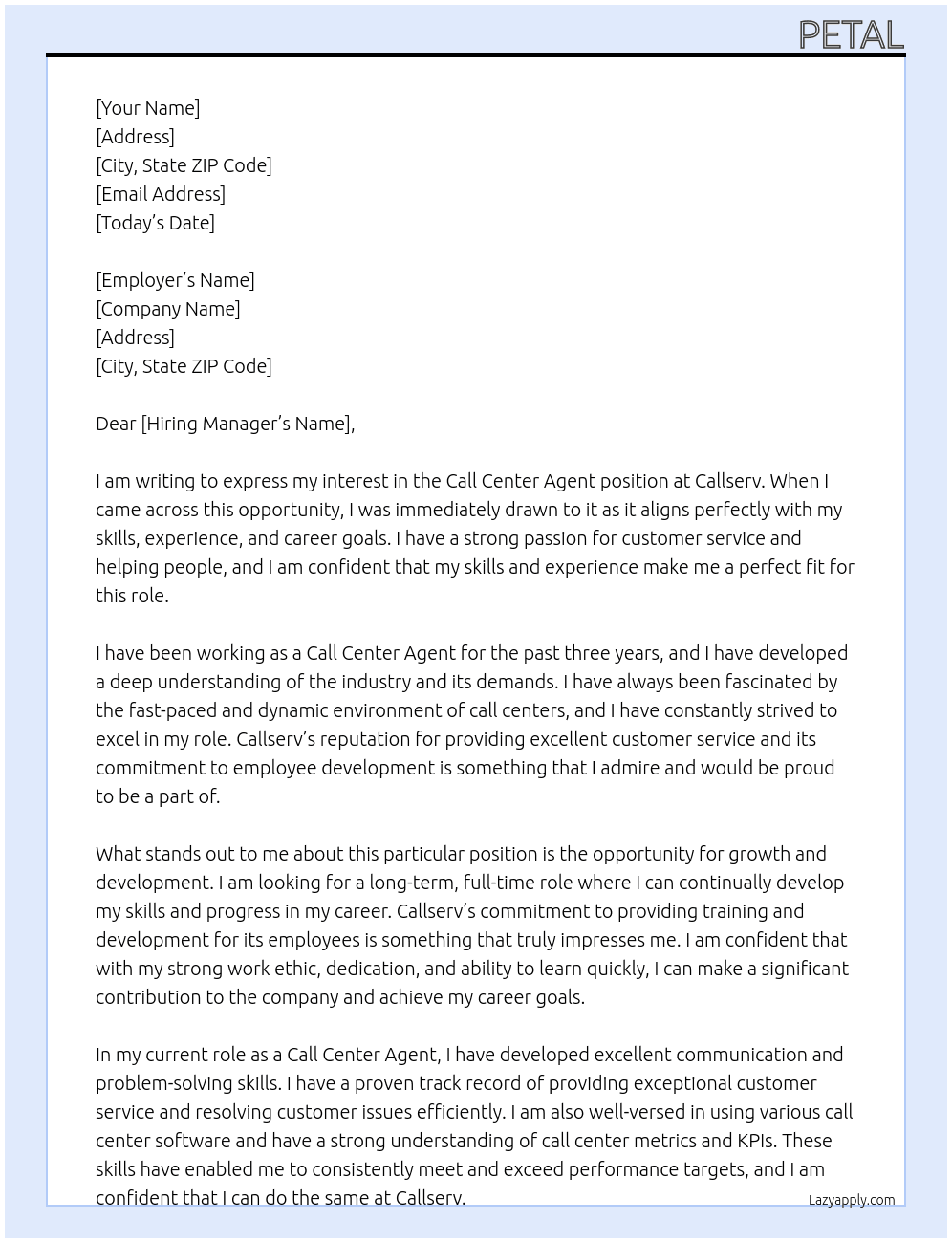 Call center agent At Callserv Cover Letter