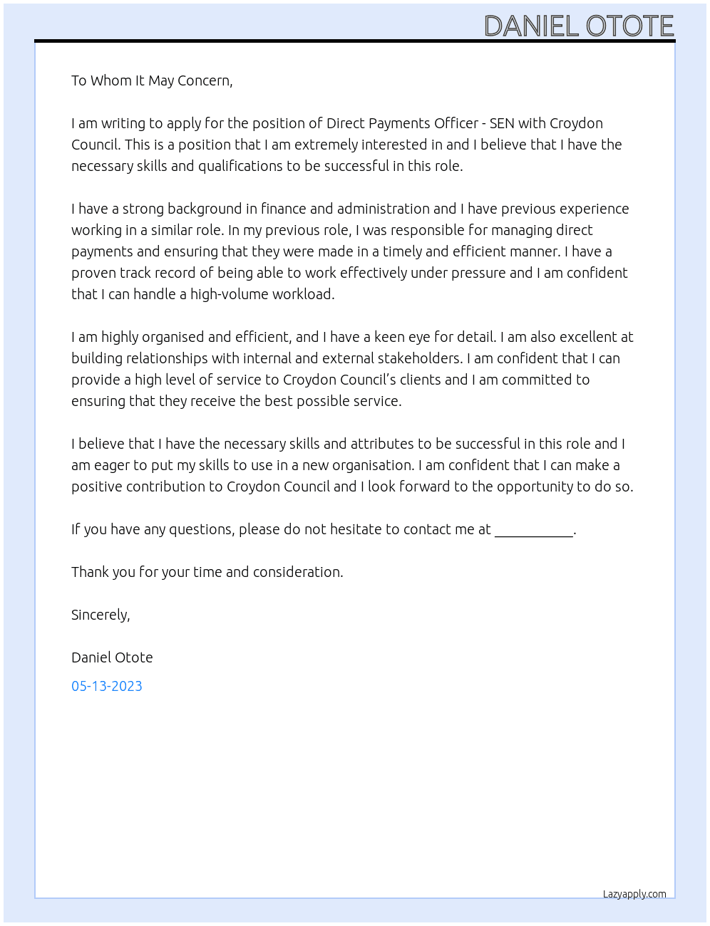Direct payments officer - SEN At Croydon council  Cover Letter