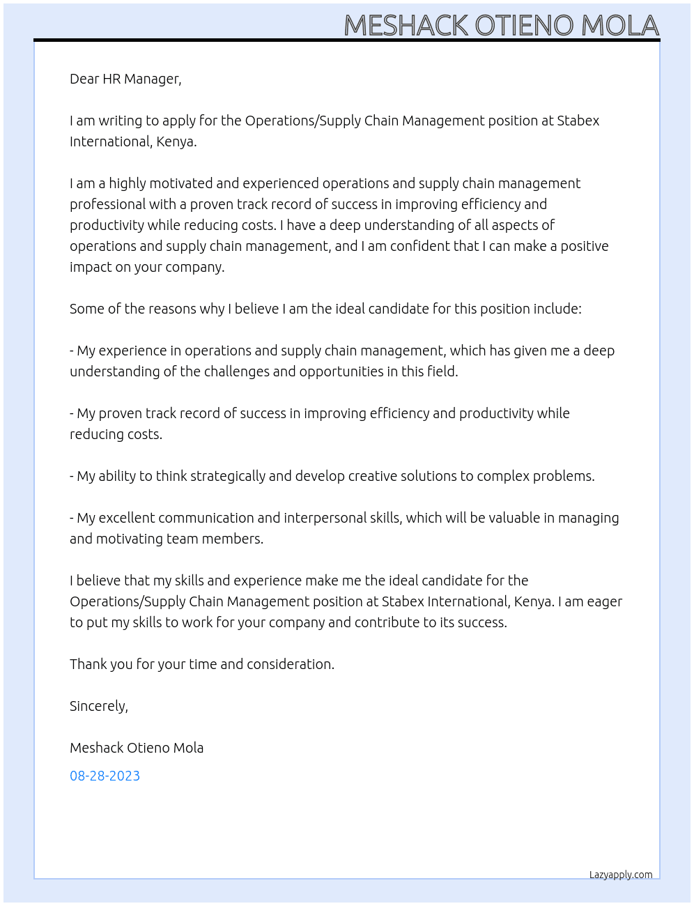 Operations/Supply chain Management At Stabex International, Kenya Cover Letter