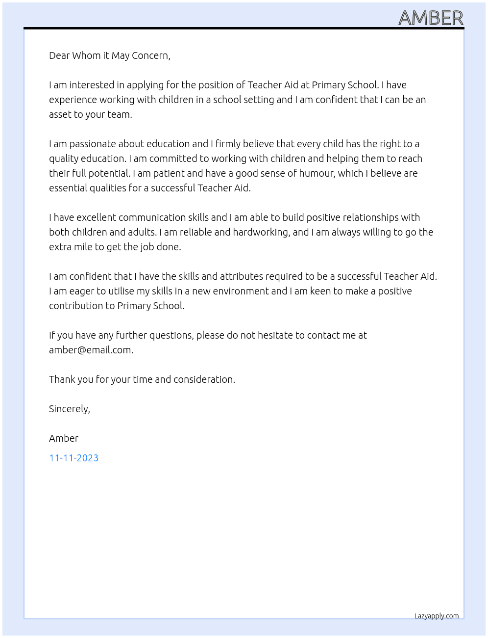 Teacher aid At Primary school Cover Letter