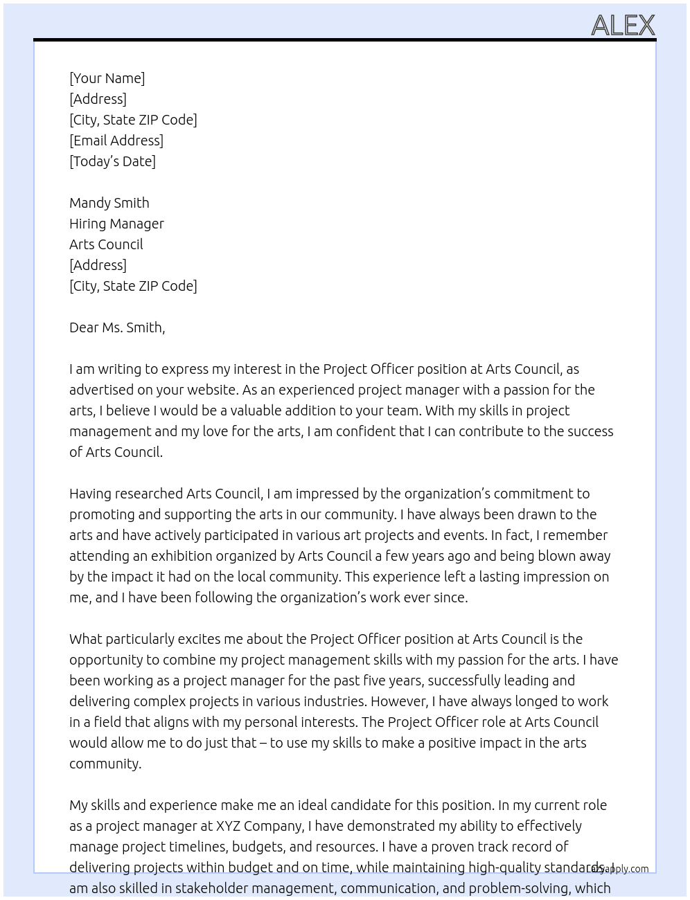 project officer At Arts Council Cover Letter