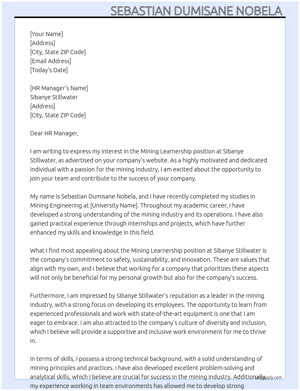 Mining learnership  At Sibanye stillwater  Cover Letter