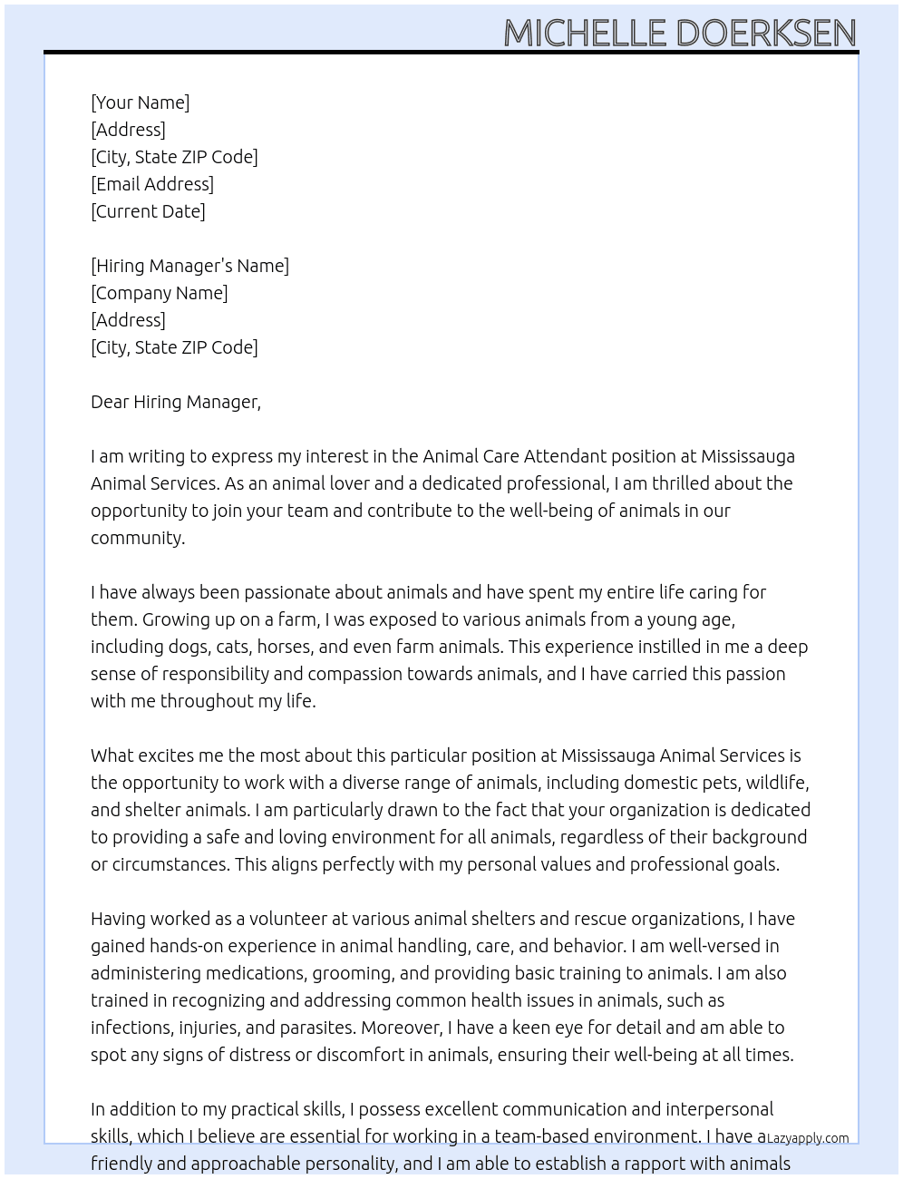 Animal care attendant  At Mississauga Animal services Cover Letter