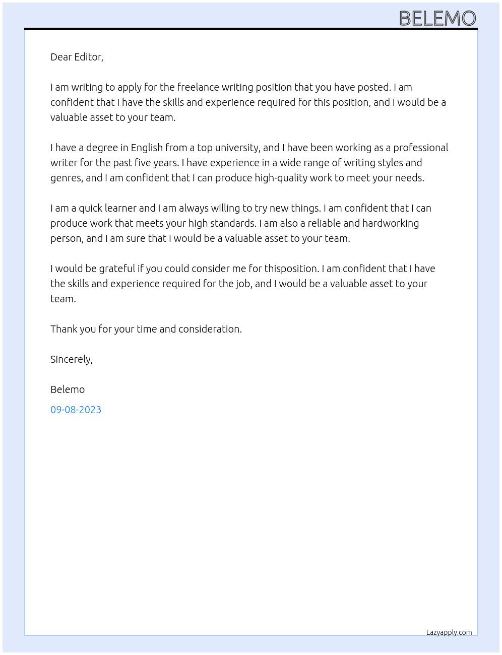Freelance Writer  At Freelance writing position  Cover Letter