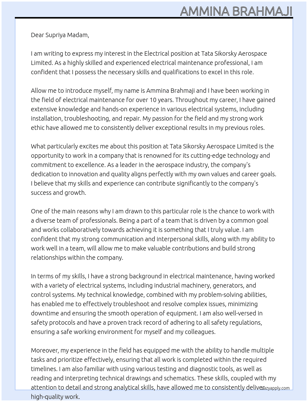 Electrical At Tata sikorsky Aerospace limited Cover Letter