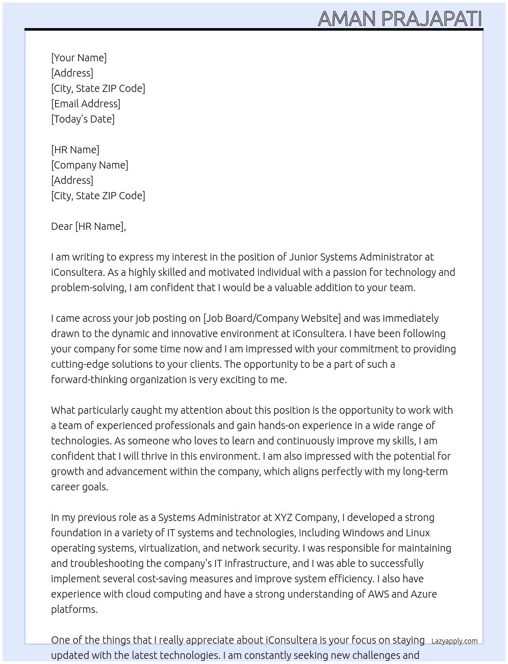 Junior Systems Administrator At iConsultera Cover Letter