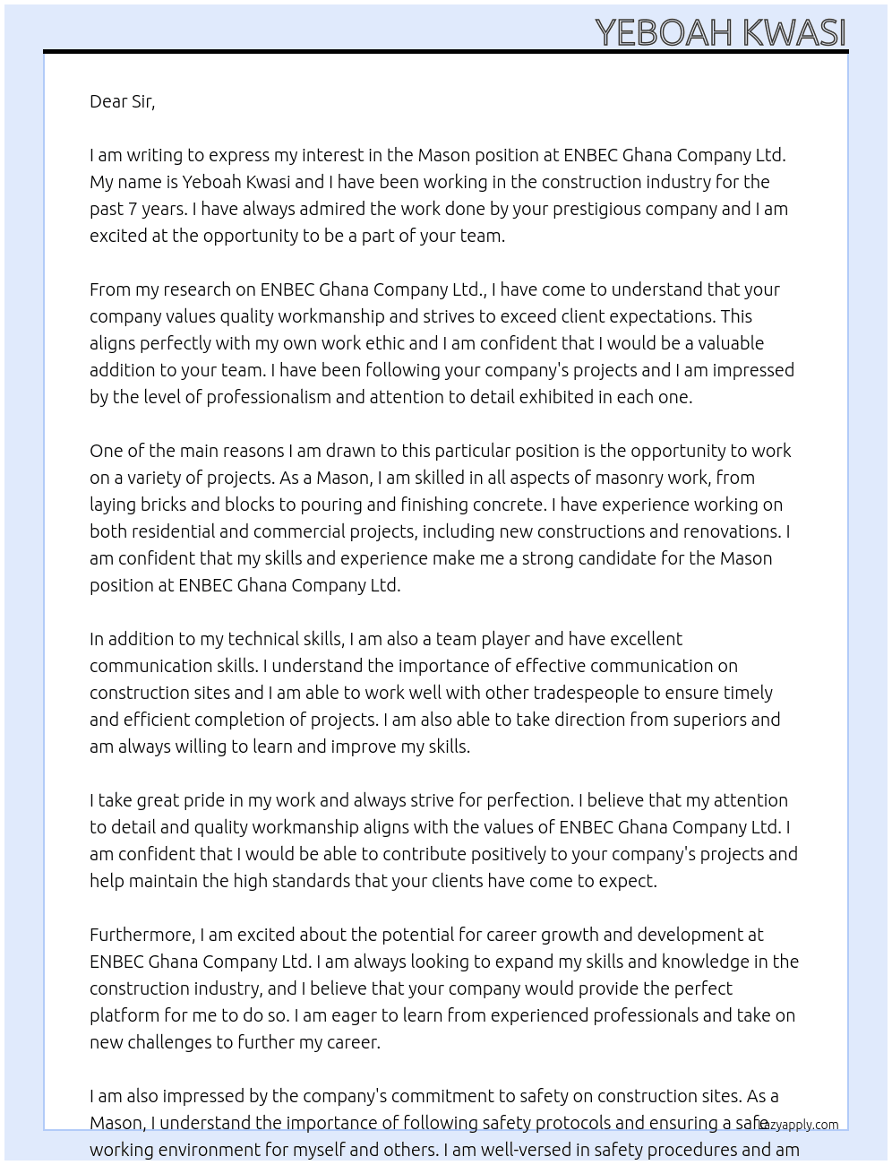 MASON At ENBEC GHANA COMPANY LTD  Cover Letter