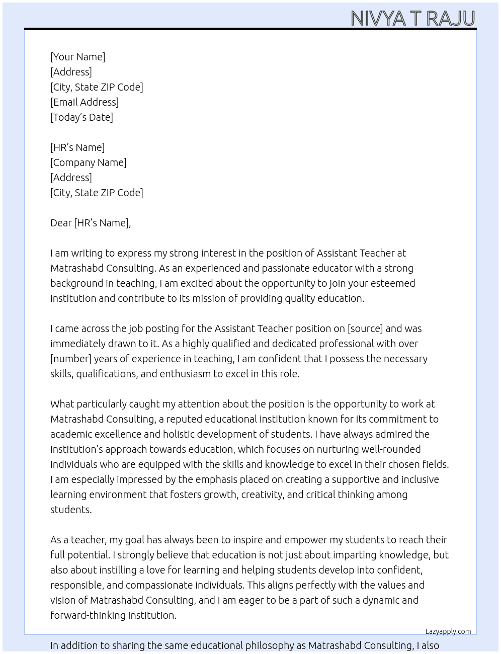 Assistant Teacher  At MATRASHABD CONSULTING Cover Letter