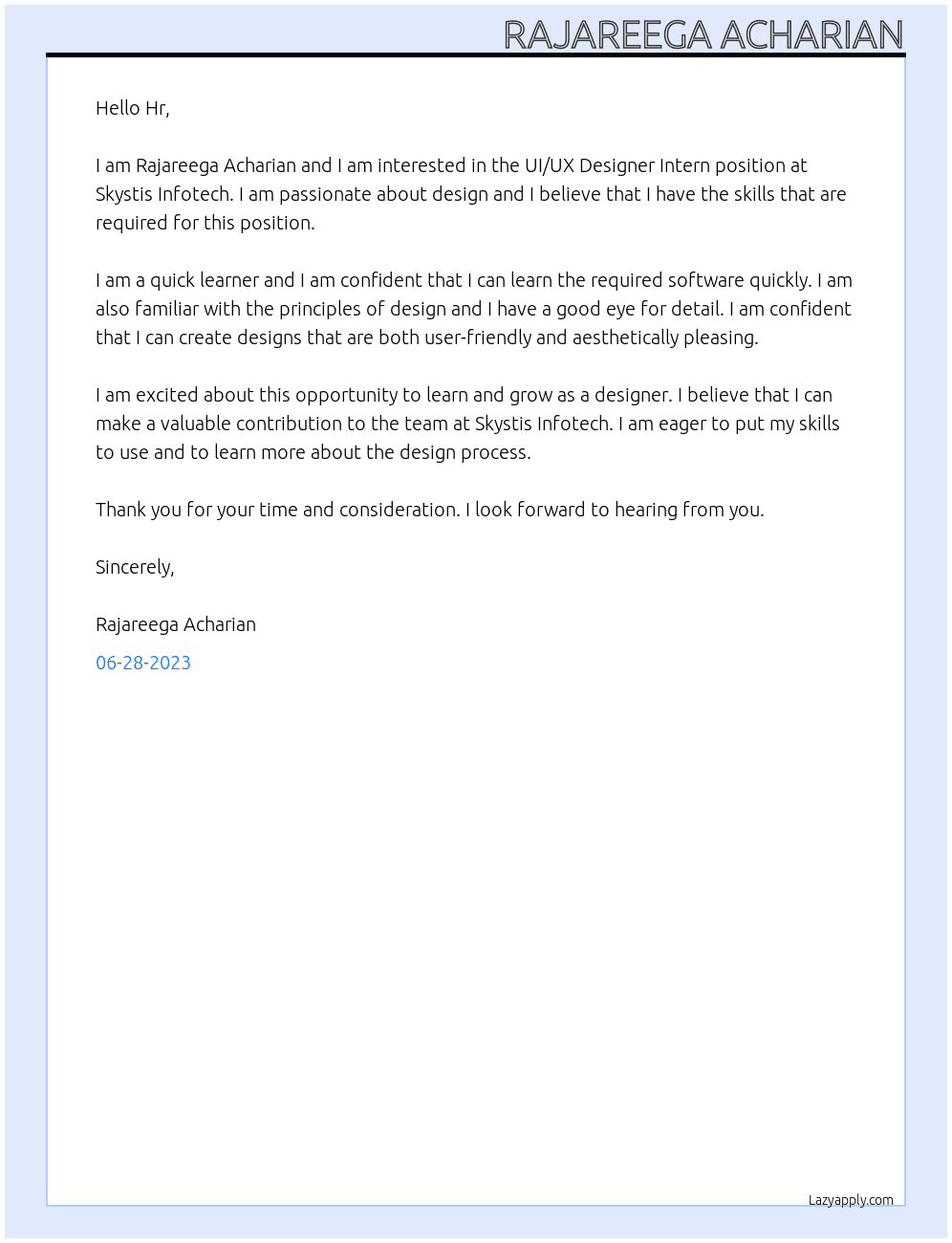 UI/UX Designer Intern At Skystis Infotech Cover Letter