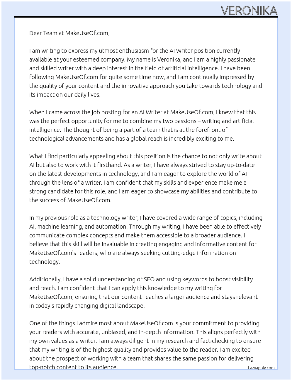 ai writer At MakeUseOf.com Cover Letter
