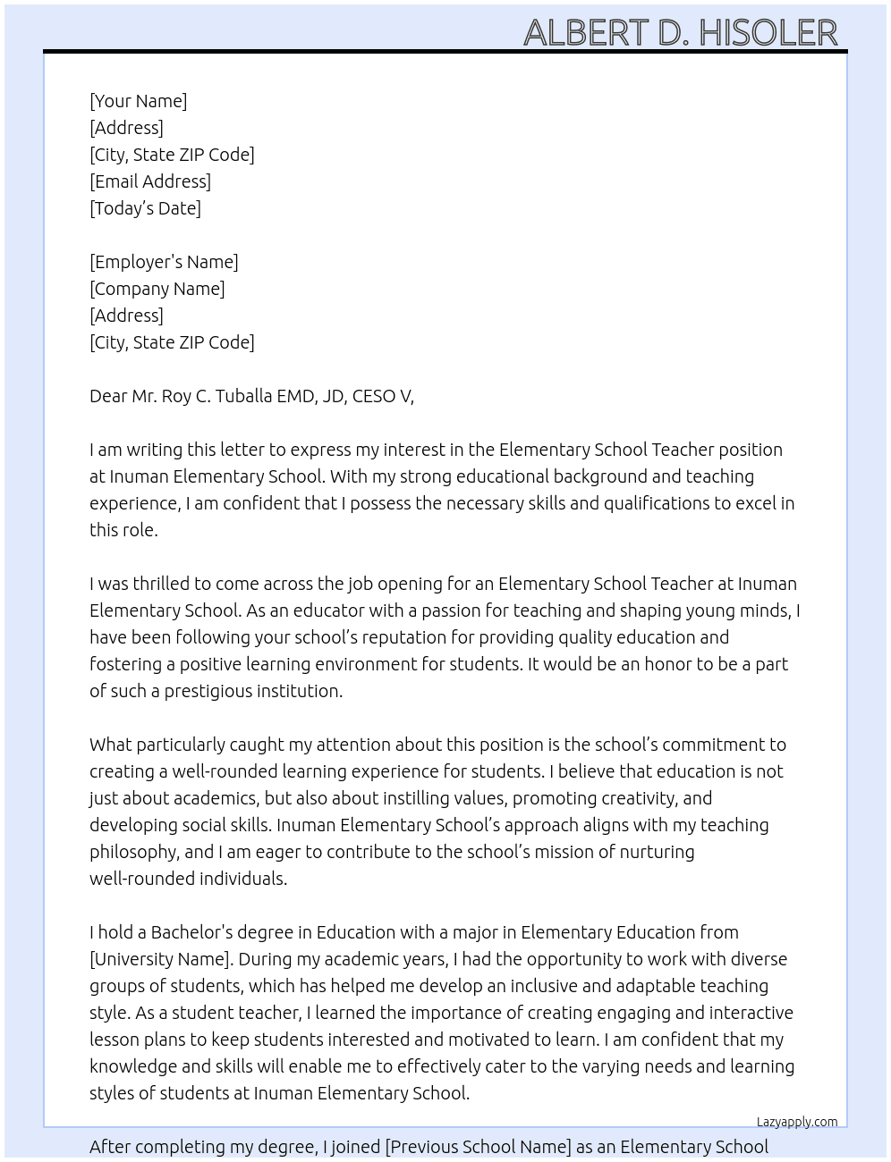 Elementary School Teacher At Inuman Elementary School  Cover Letter