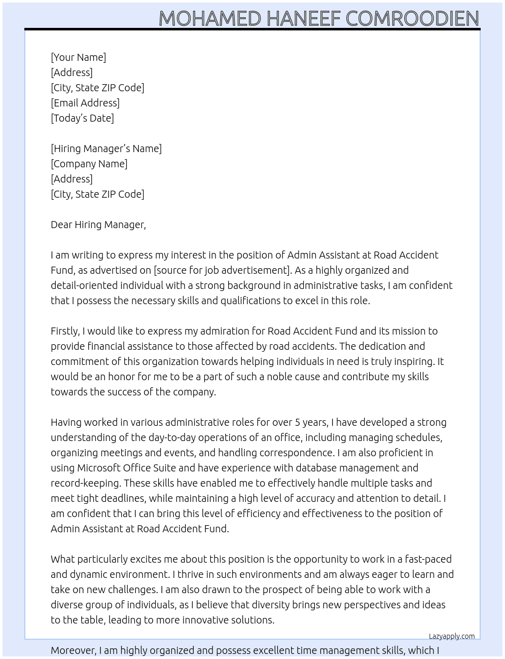 Admin assistant At Road accident fund Cover Letter