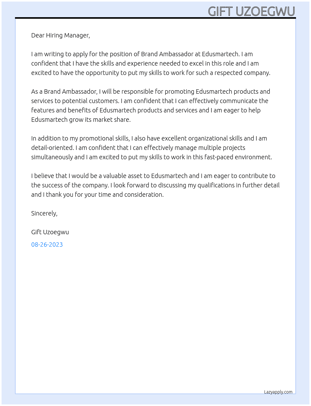 Brand Ambassador  At Edusmartech Cover Letter
