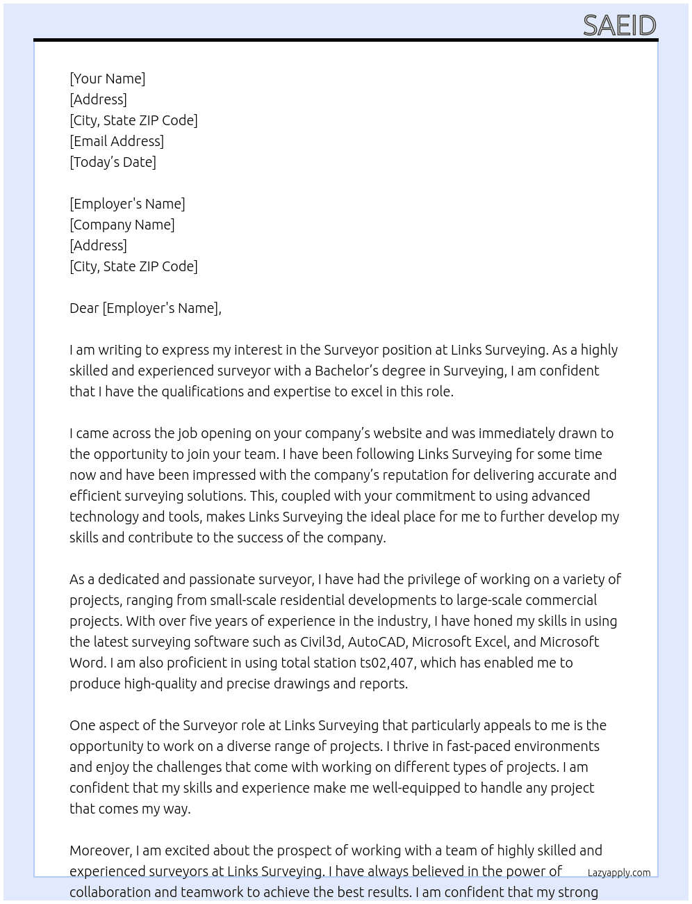 Surveyor At Links Surveying Cover Letter