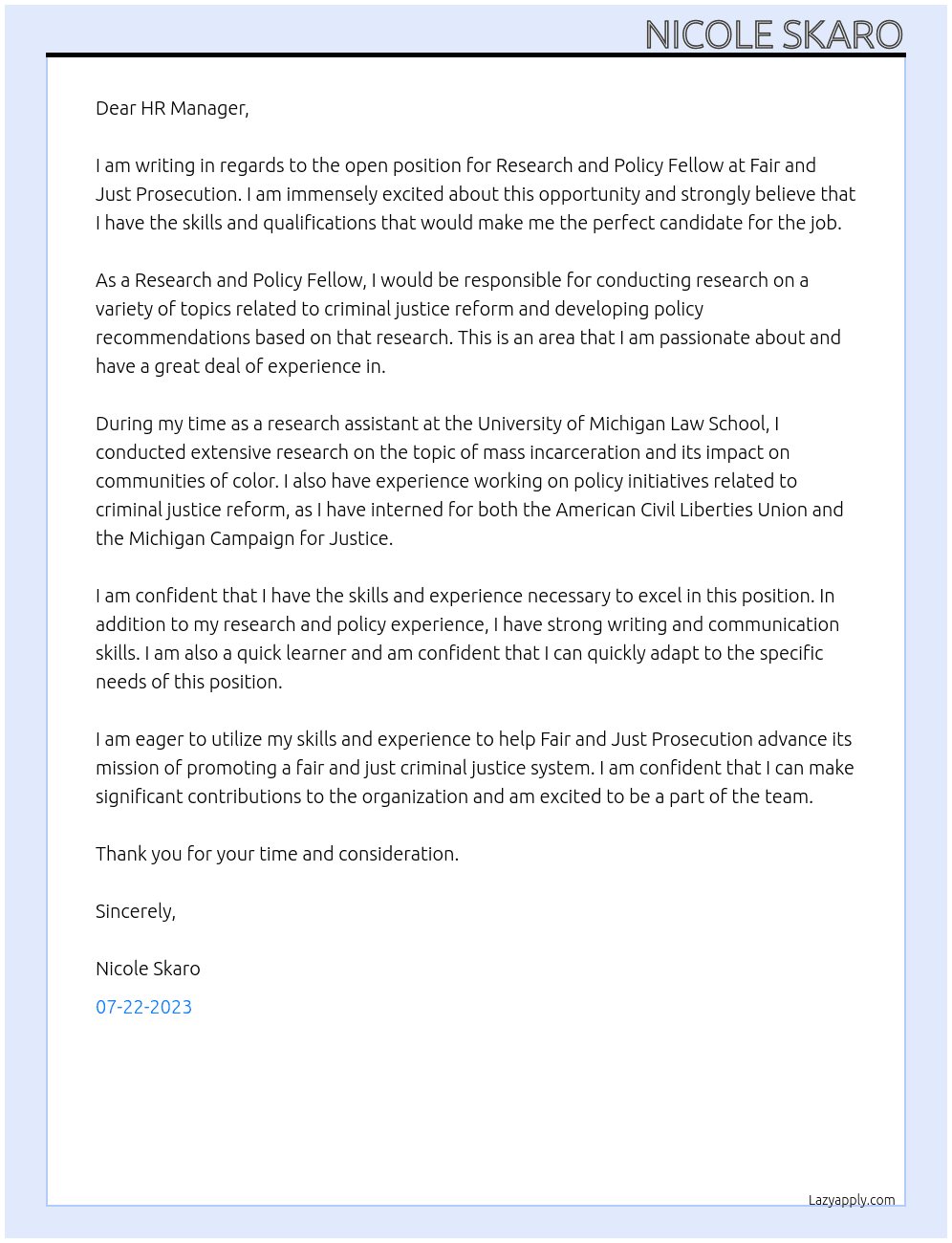 Research and Policy Fellow At Fair and Just Prosecution Cover Letter