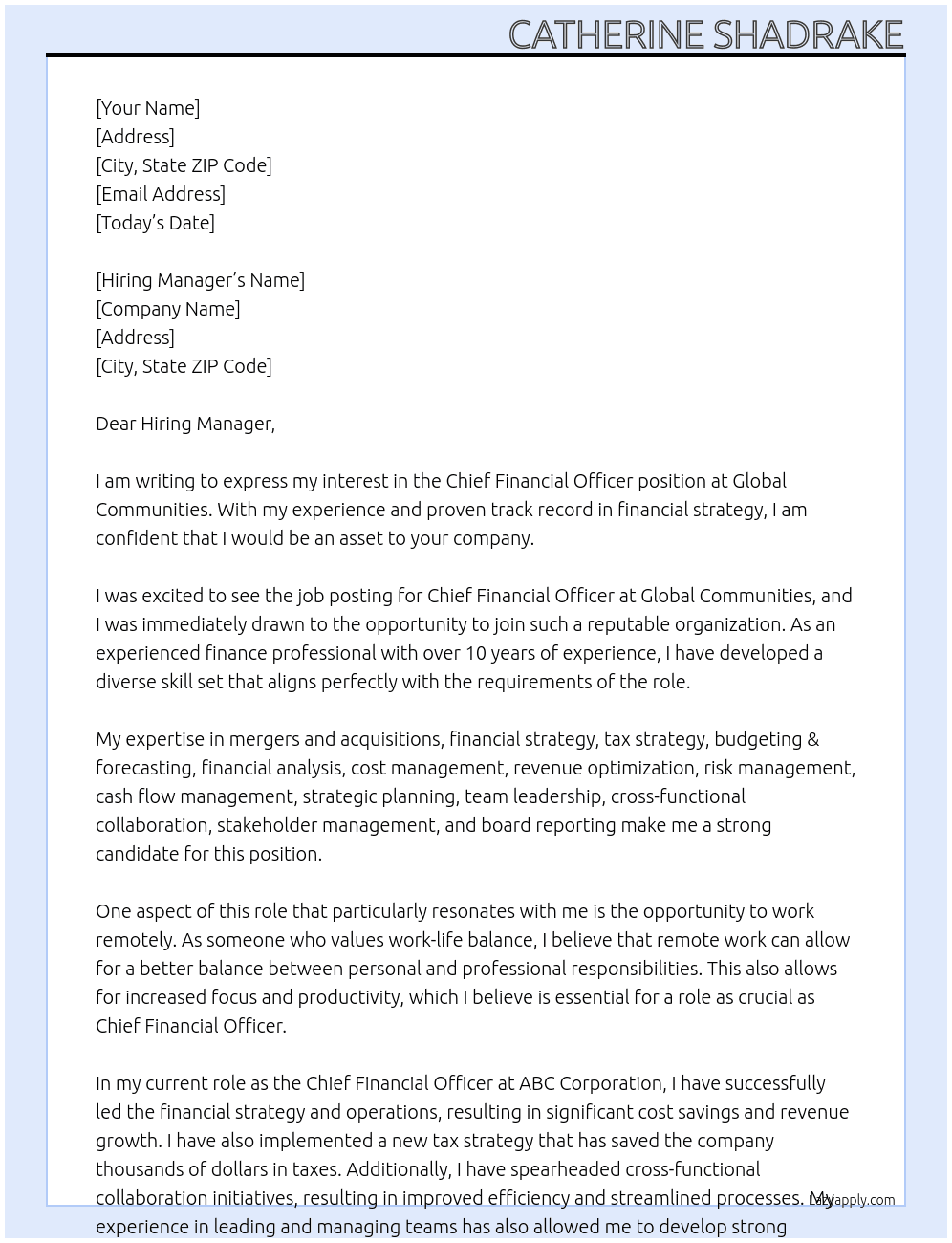 Chief Financial Officer At Global Communities Cover Letter