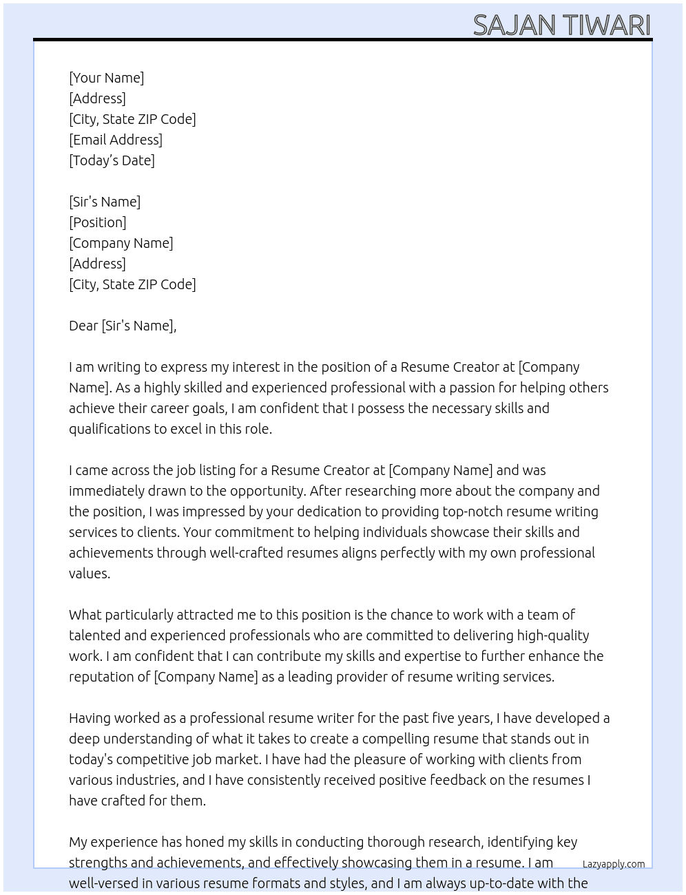 resume creator At resume creator Cover Letter