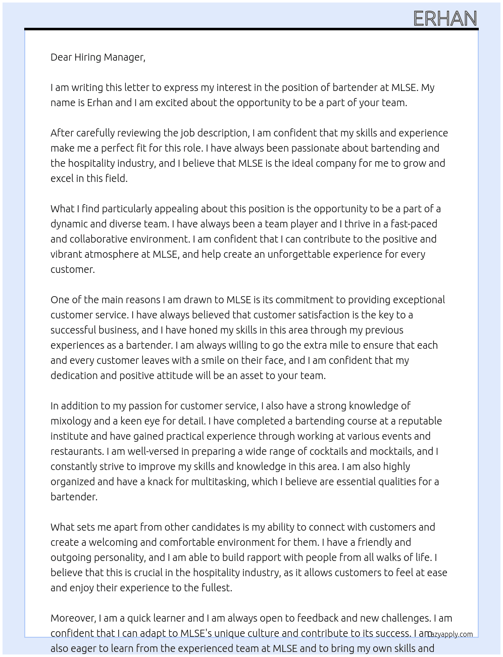 bartender At MLSE Cover Letter