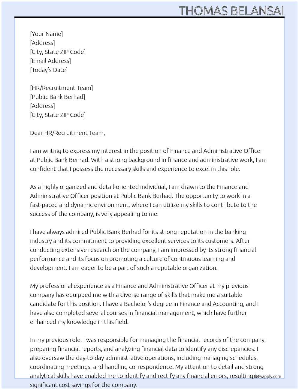 Finance and Administrative Officer At Public Bank Berhad Cover Letter