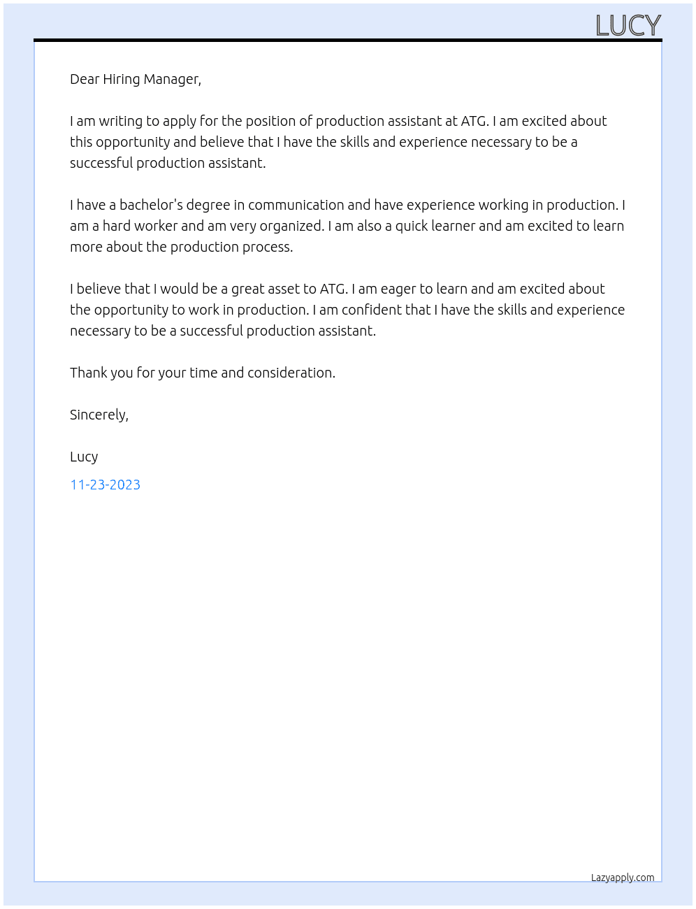 production assistant At atg  Cover Letter