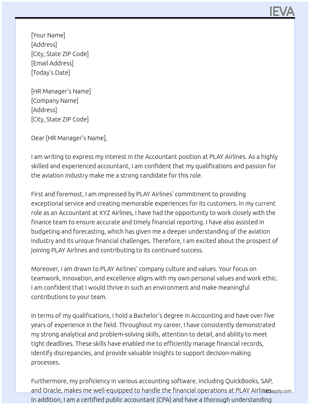 Accountant At PLAY Airlines Cover Letter