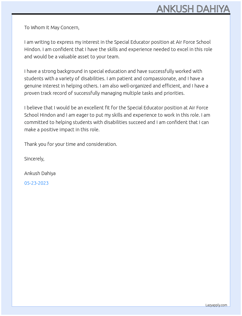 Special Educator At Air Force School Hindon Cover Letter