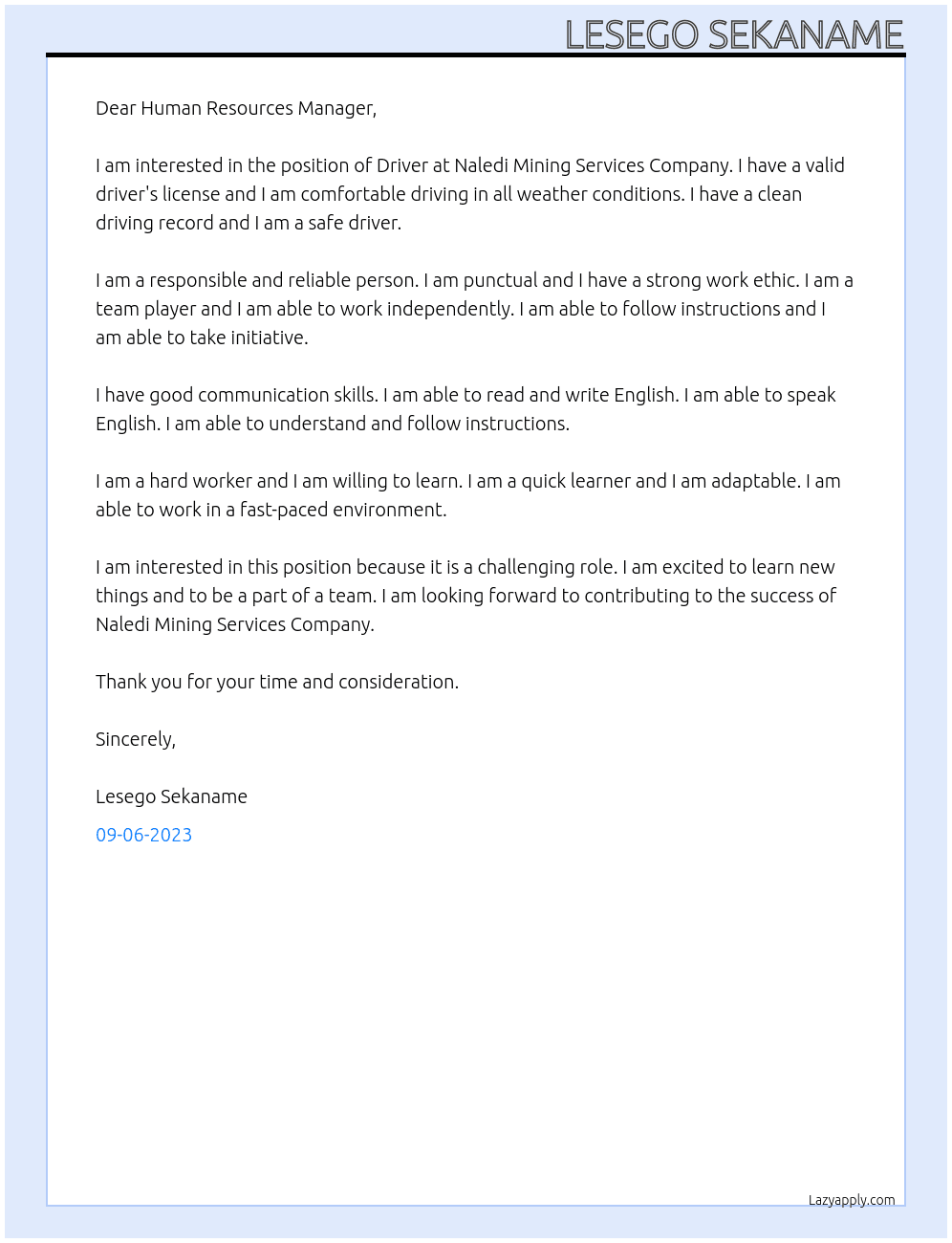 Driver At Naledi Mining Services Company Cover Letter