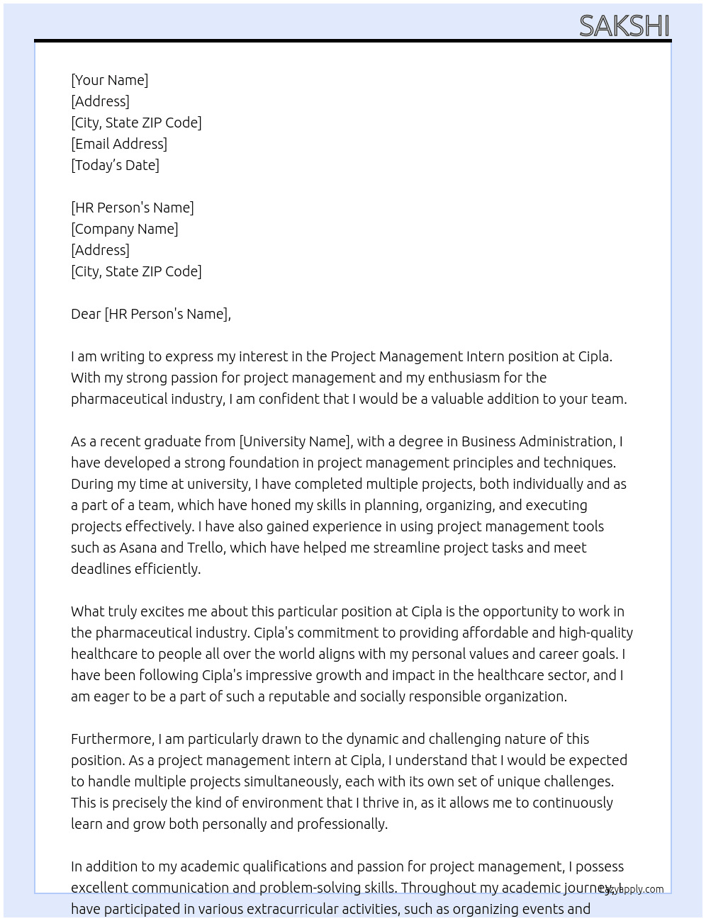 project management intern At cipla Cover Letter