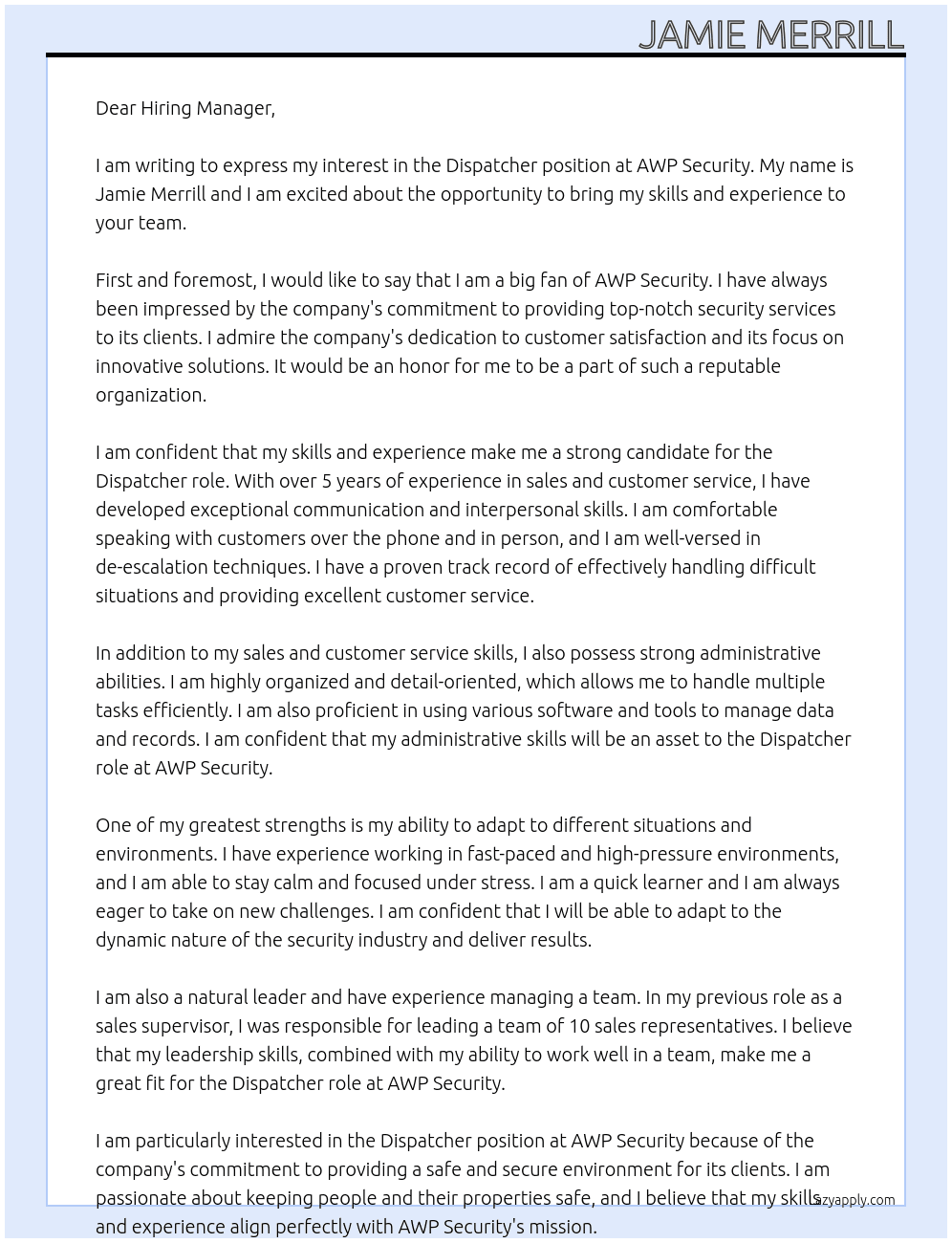 Dispatcher At AWP security Cover Letter