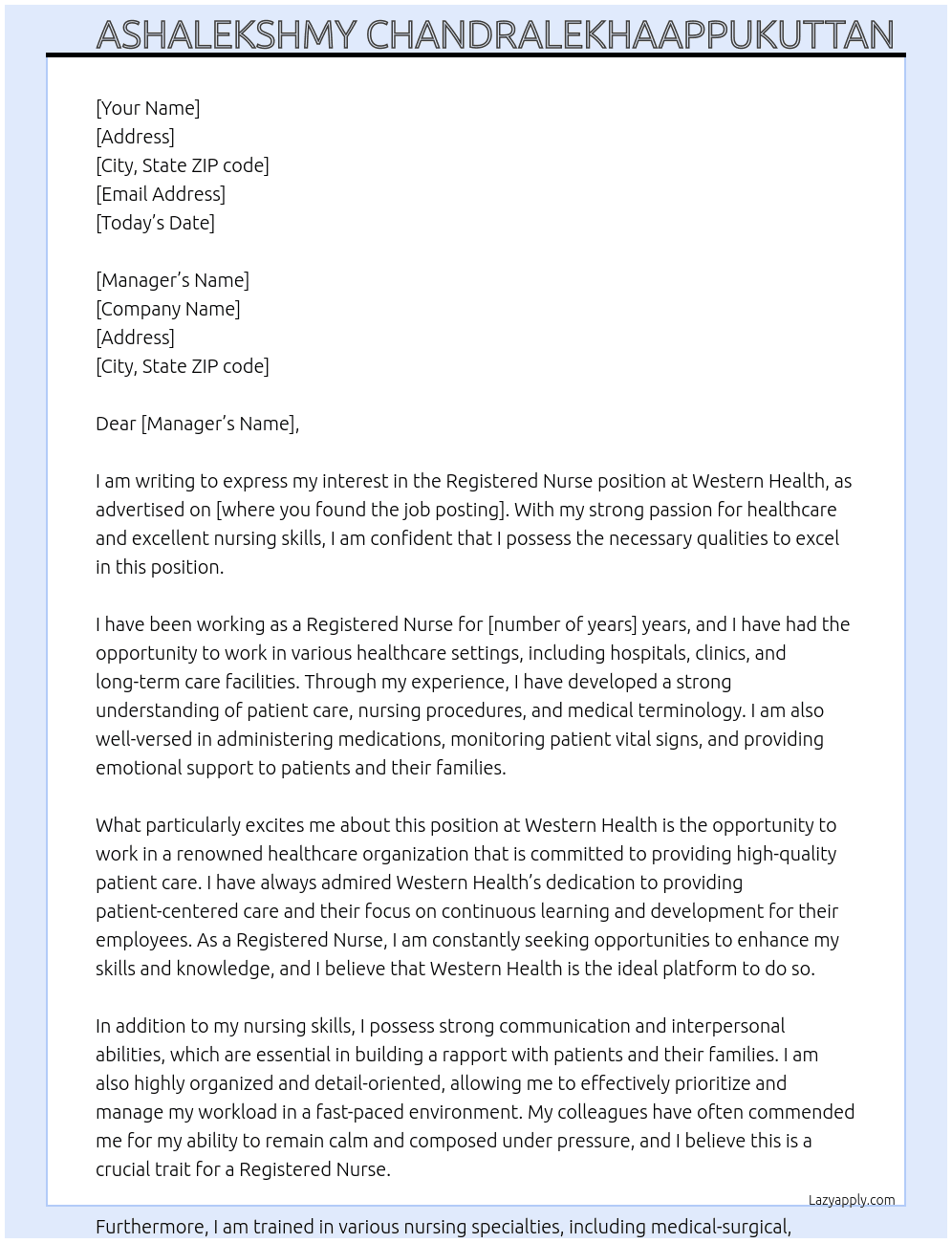 Registered Nurse At Western Health Cover Letter