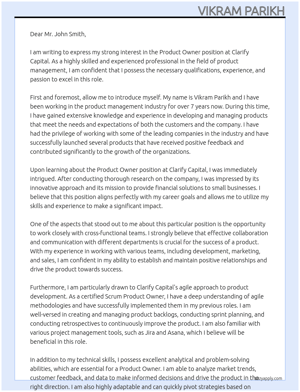 Product Owner At Clarify Capital Cover Letter
