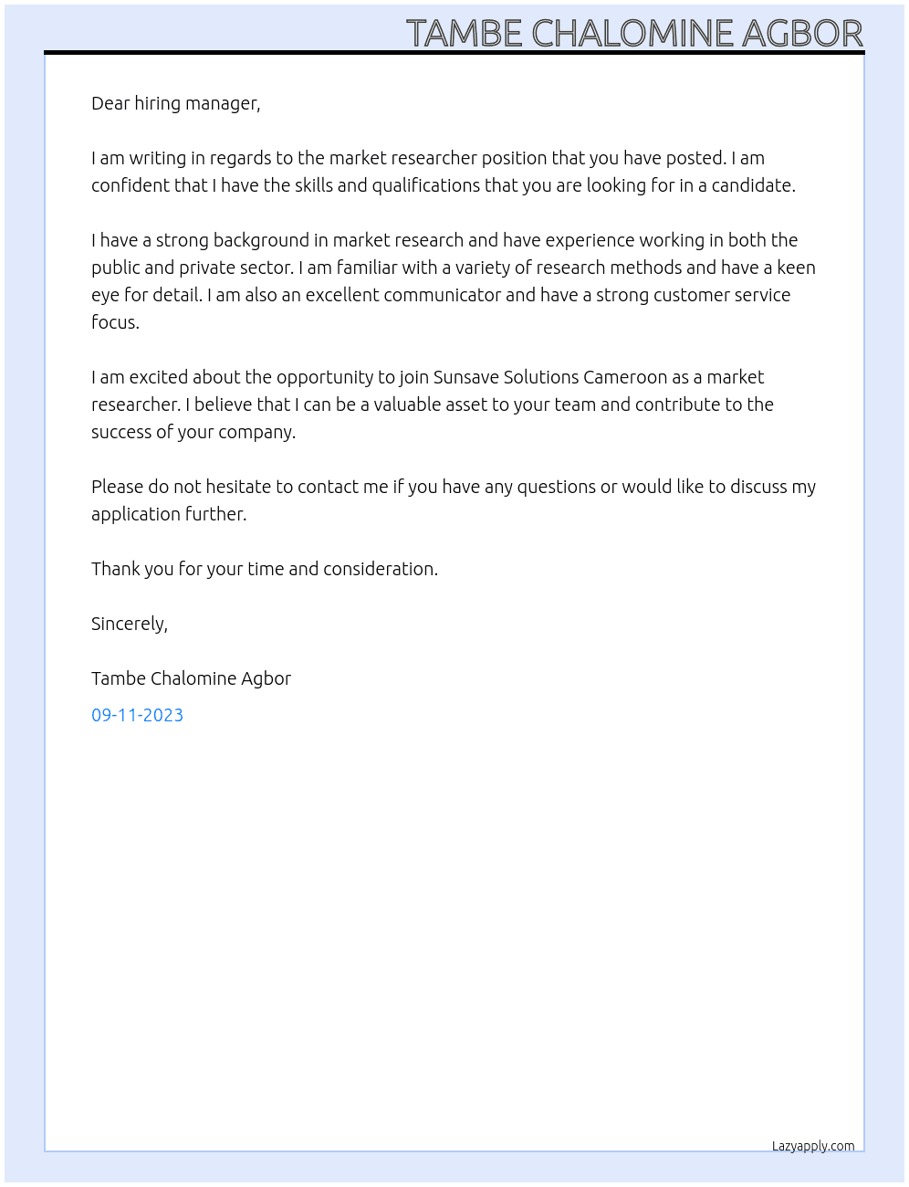 Market Researcher  At Sunsave Solutions Cameroon Cover Letter