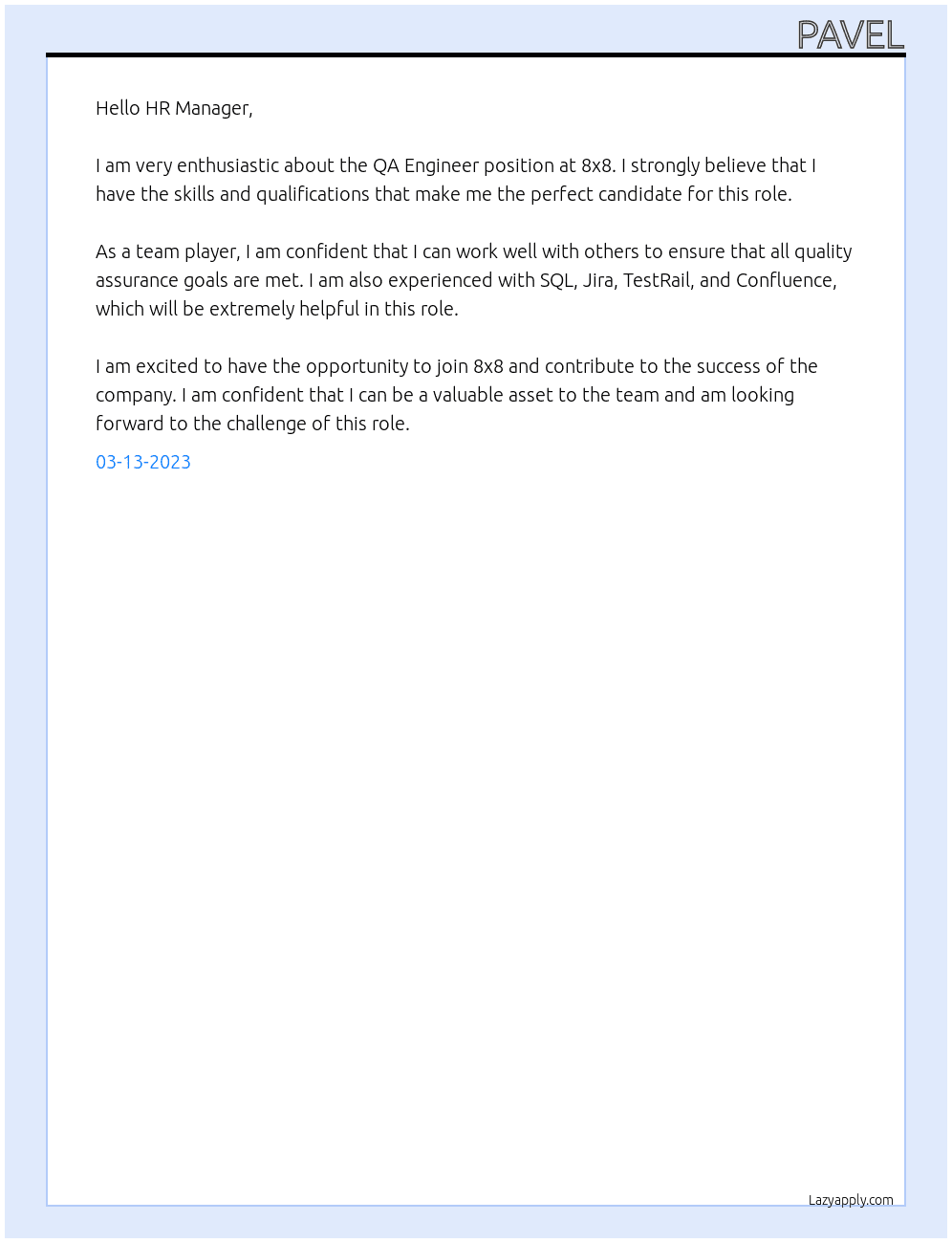 QA Engineer At 8x8 Cover Letter